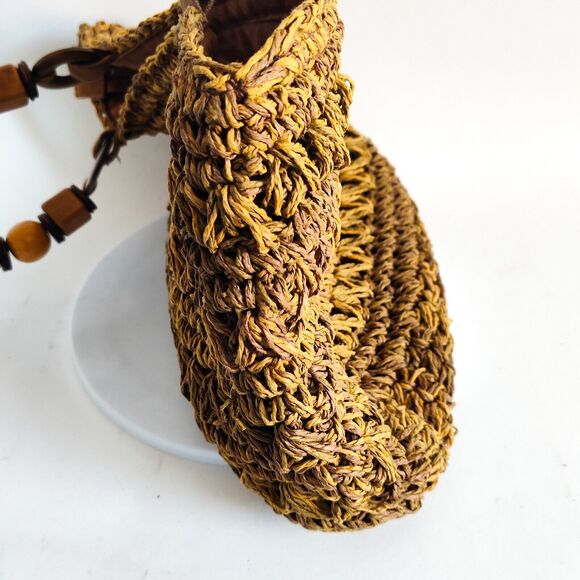 Boho Vintage Toyo Straw Woven Bag Wooden Beads Leather Handles 12"x8" Natural - Picture 9 of 11